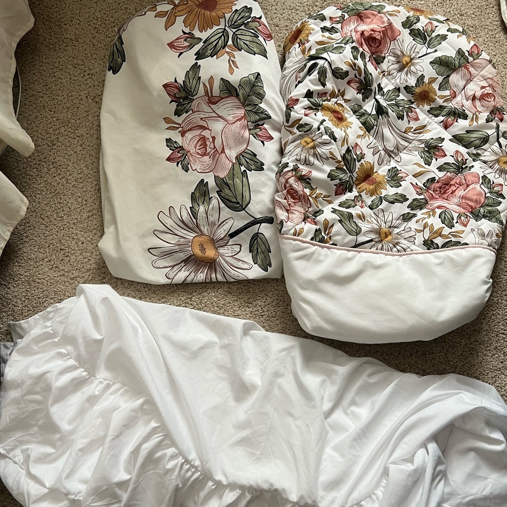 Sweet JoJo Vintage floral crib sheet, changing pad cover and ruffle crib skirt